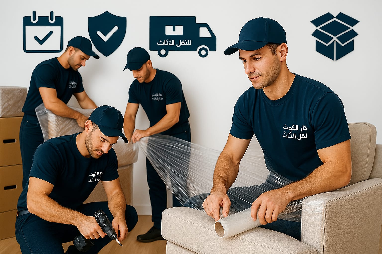 نقل عفش الكويت 66335772 فريق نقل عفش محترف من دار الكويت يقوم بفك وتغليف الأثاث باستخدام أدوات حديثة لضمان نقل آمن داخل الكويت