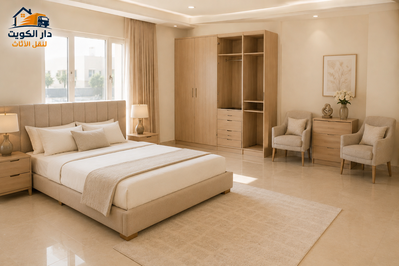 نقل عفش الكويت 96767350 غرفة نوم بعد الانتهاء من فك وتركيب الأثاث بواسطة فريق دار الكويت لنقل الأثاث، مع خدمة نقل عفش الكويت ونقل الأثاث لجميع مناطق الكويت باحترافية